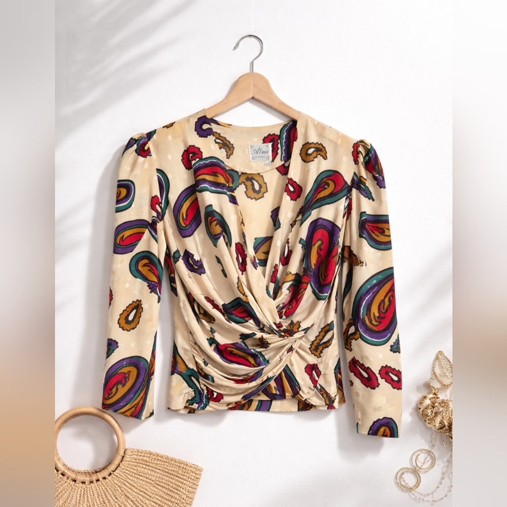 Vintage 80s Colorful Paisley Boho Retro Blouse Long Sleeve